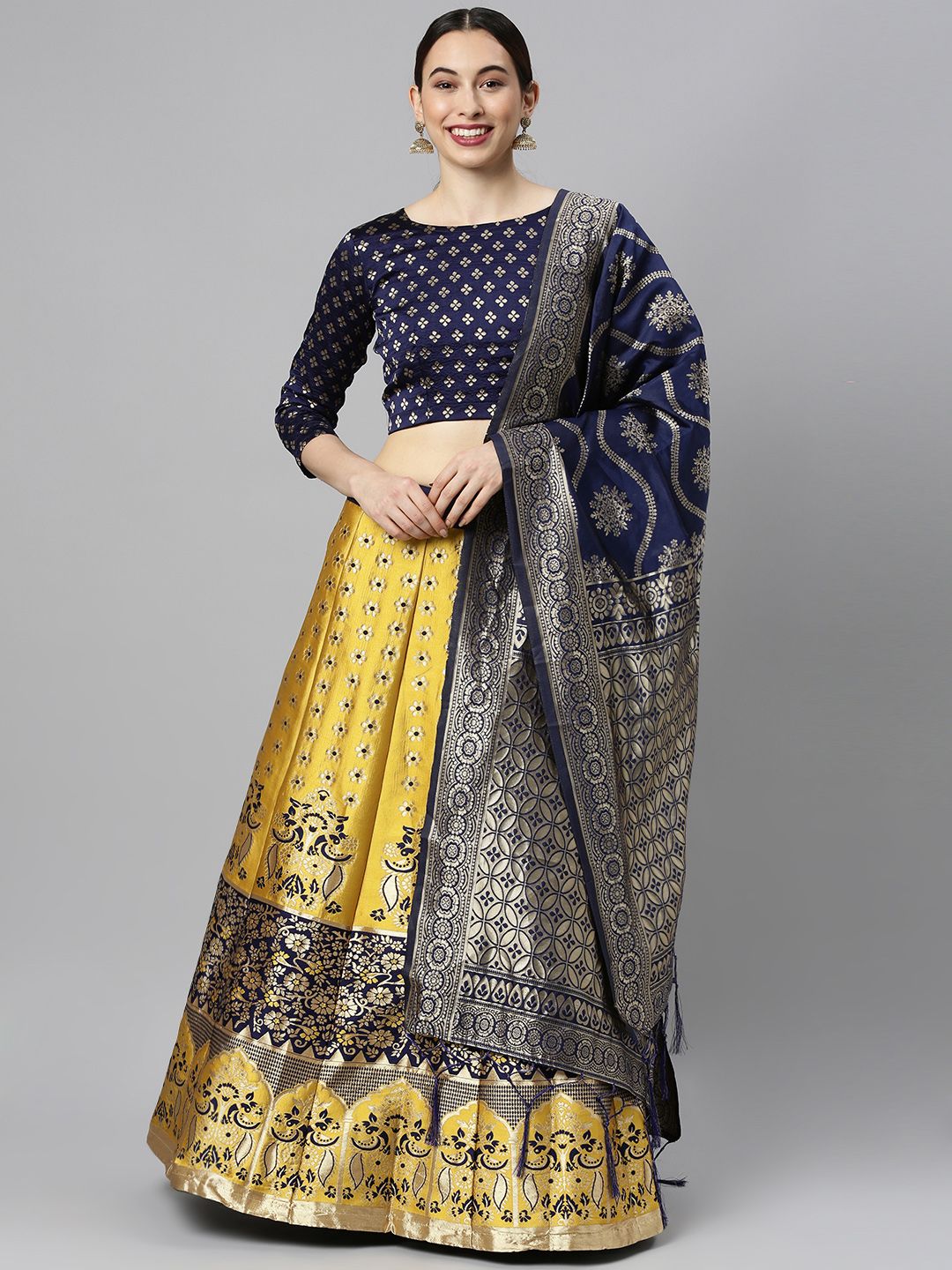 DIVASTRI Navy Blue & Yellow Ready to Wear Lehenga & Unstitched Blouse With Dupatta Price in India