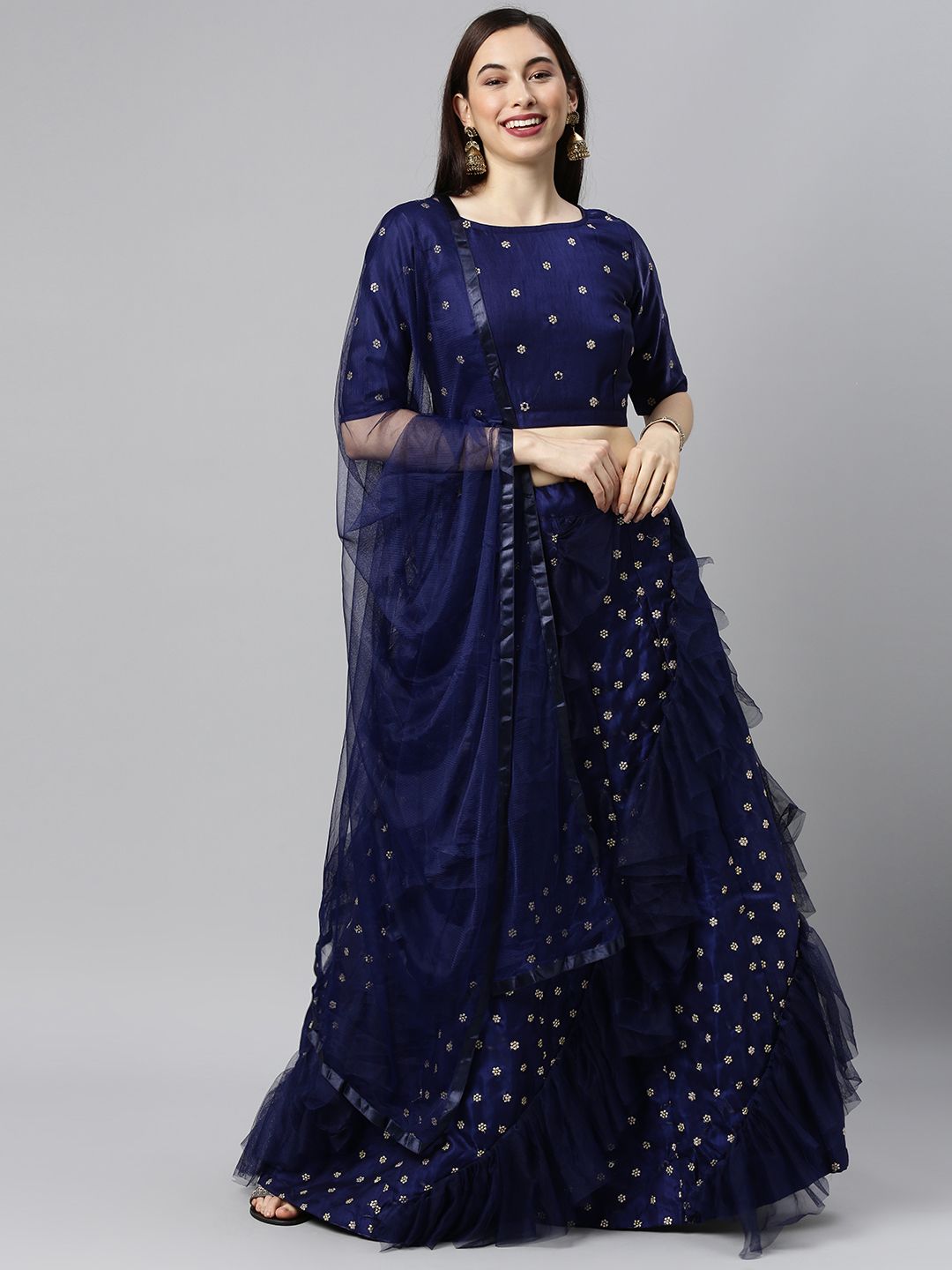 DIVASTRI Navy Blue & Gold-Toned Embroidered Thread Work Semi-Stitched Lehenga & Unstitched Blouse With Price in India