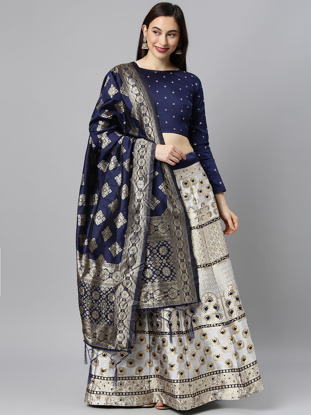 DIVASTRI Navy Blue & Grey Ready to Wear Lehenga & Unstitched Blouse With Dupatta Price in India
