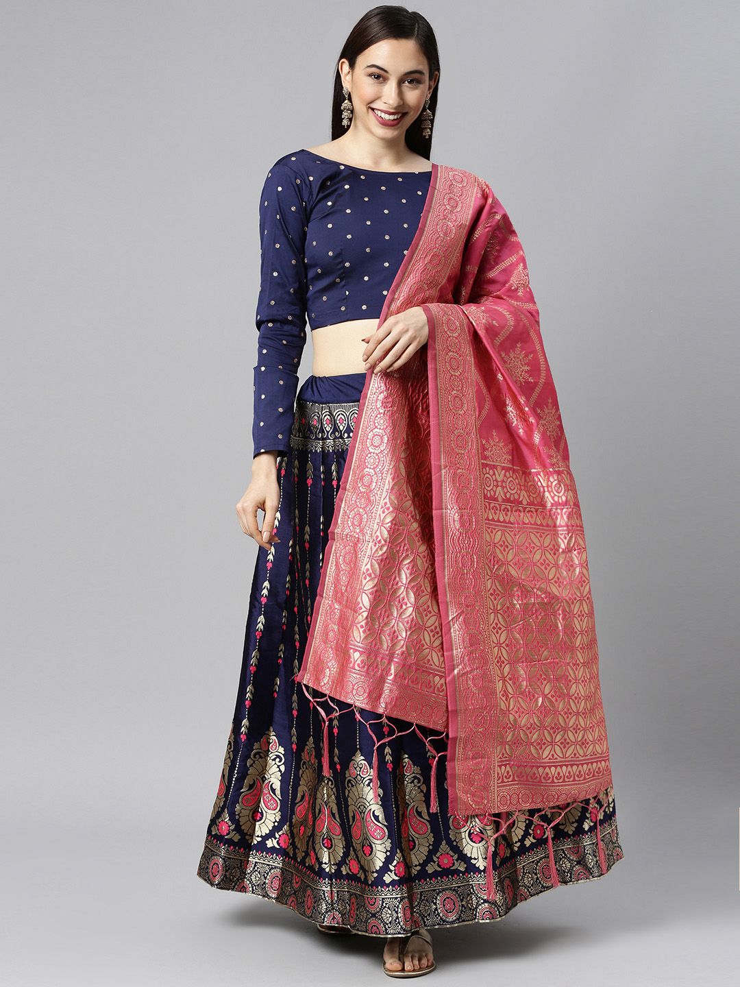 DIVASTRI Navy Blue & Gold-Toned Semi-Stitched Lehenga & Unstitched Blouse With Dupatta Price in India