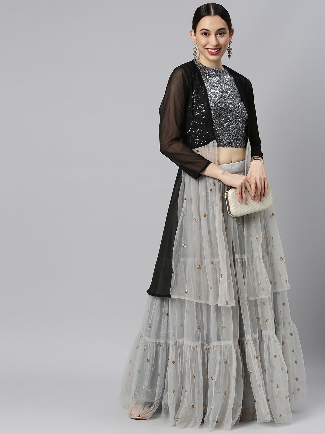 DIVASTRI Grey & Black Embellished Sequinned Ready to Wear Lehenga & Unstitched