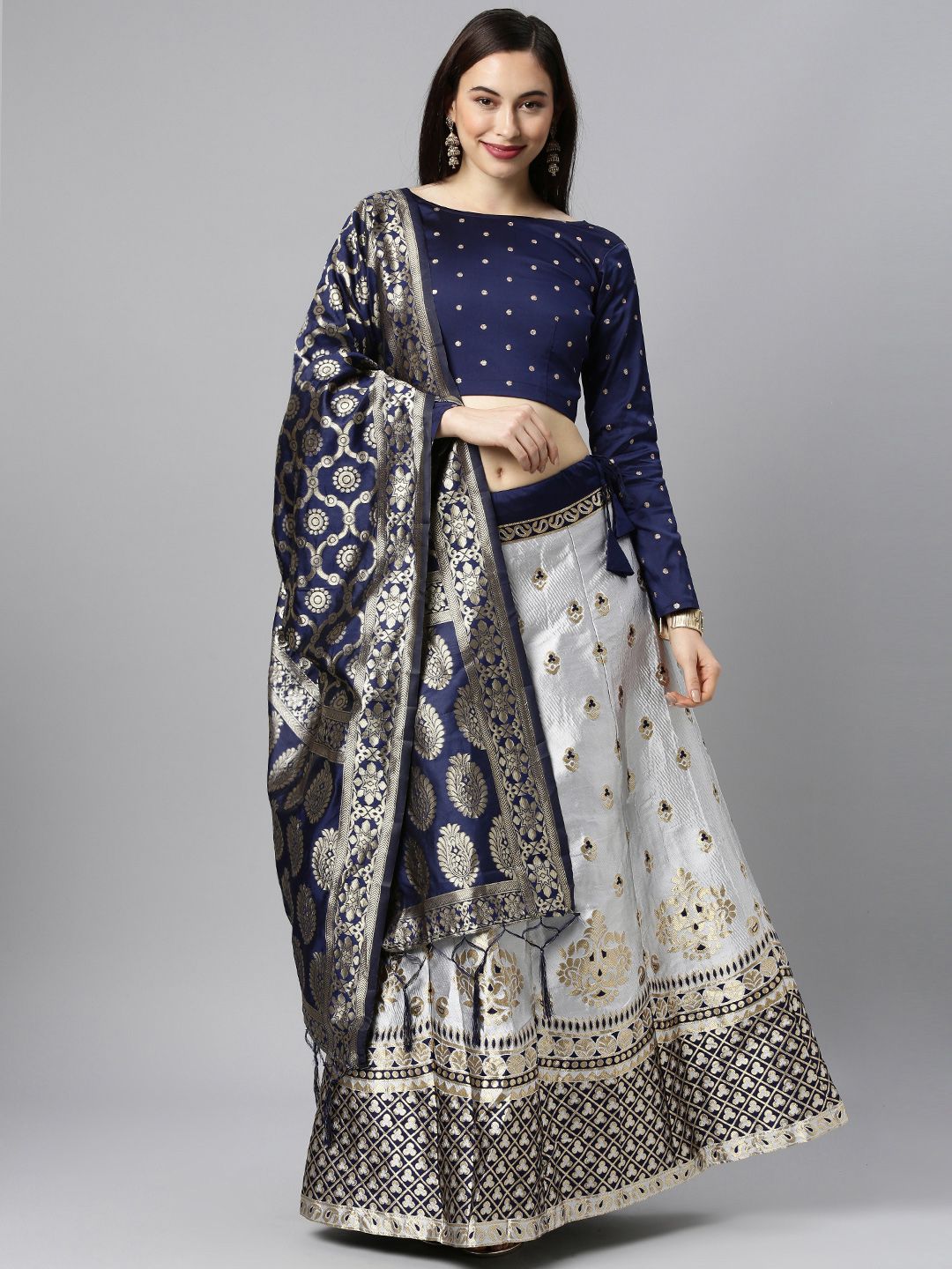 DIVASTRI White & Navy Blue Semi-Stitched Lehenga & Unstitched Blouse With Dupatta Price in India