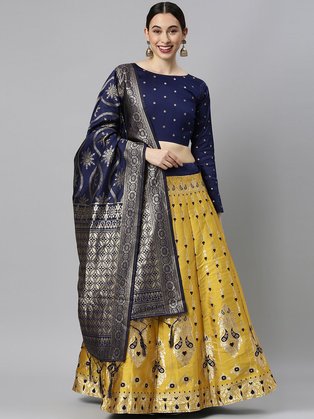 DIVASTRI Yellow & Blue Woven Design Lehenga Choli Price in India