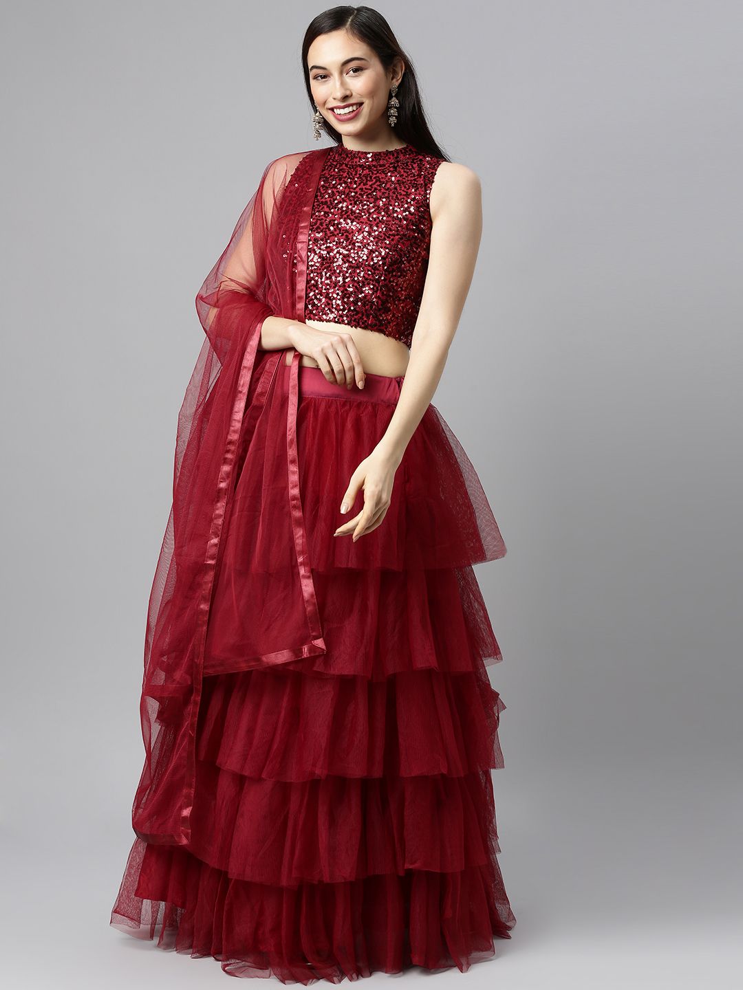 DIVASTRI Maroon Embellished Sequinned Ready to Wear Lehenga & Unstitched Blouse With Dupatta Price in India