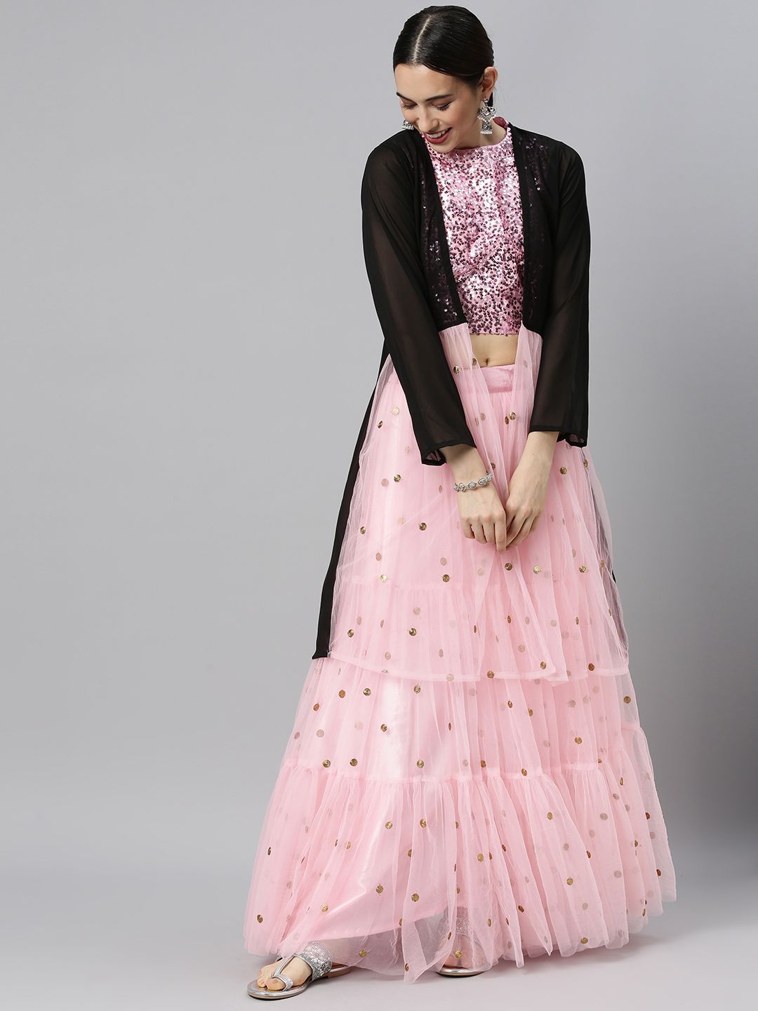 DIVASTRI Pink & Black Embellished Sequinned Semi-Stitched Lehenga & Unstitched Price in India