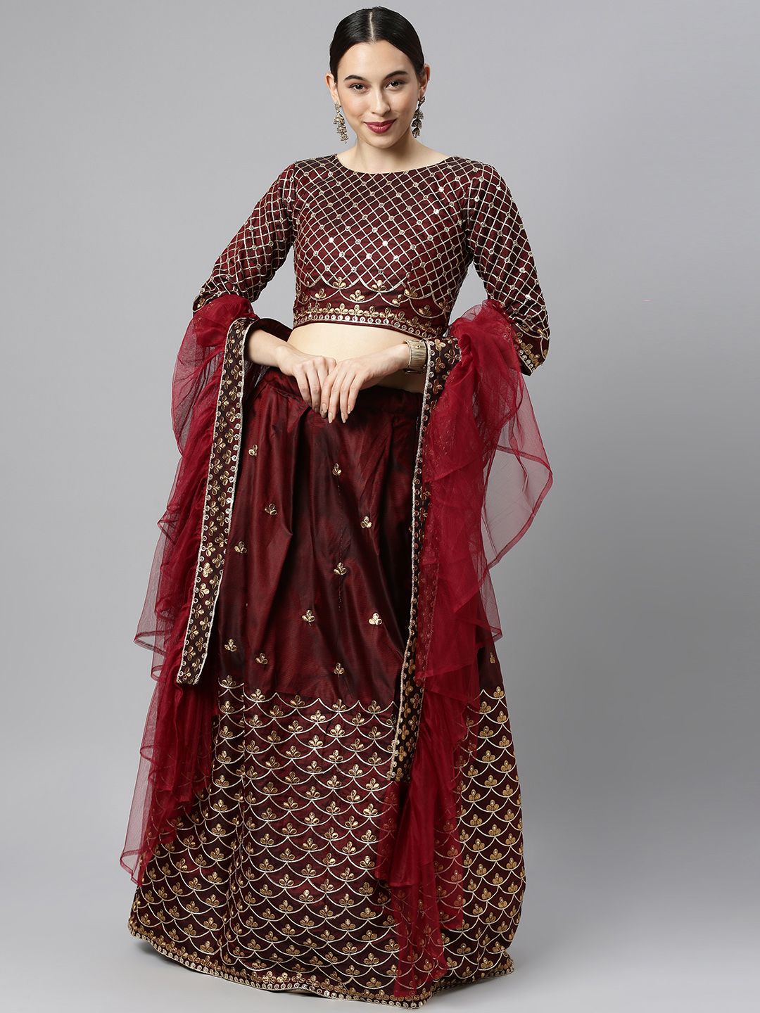 DIVASTRI Maroon Embellished Thread Work Semi-Stitched Lehenga & Unstitched Blouse With Dupatta Price in India