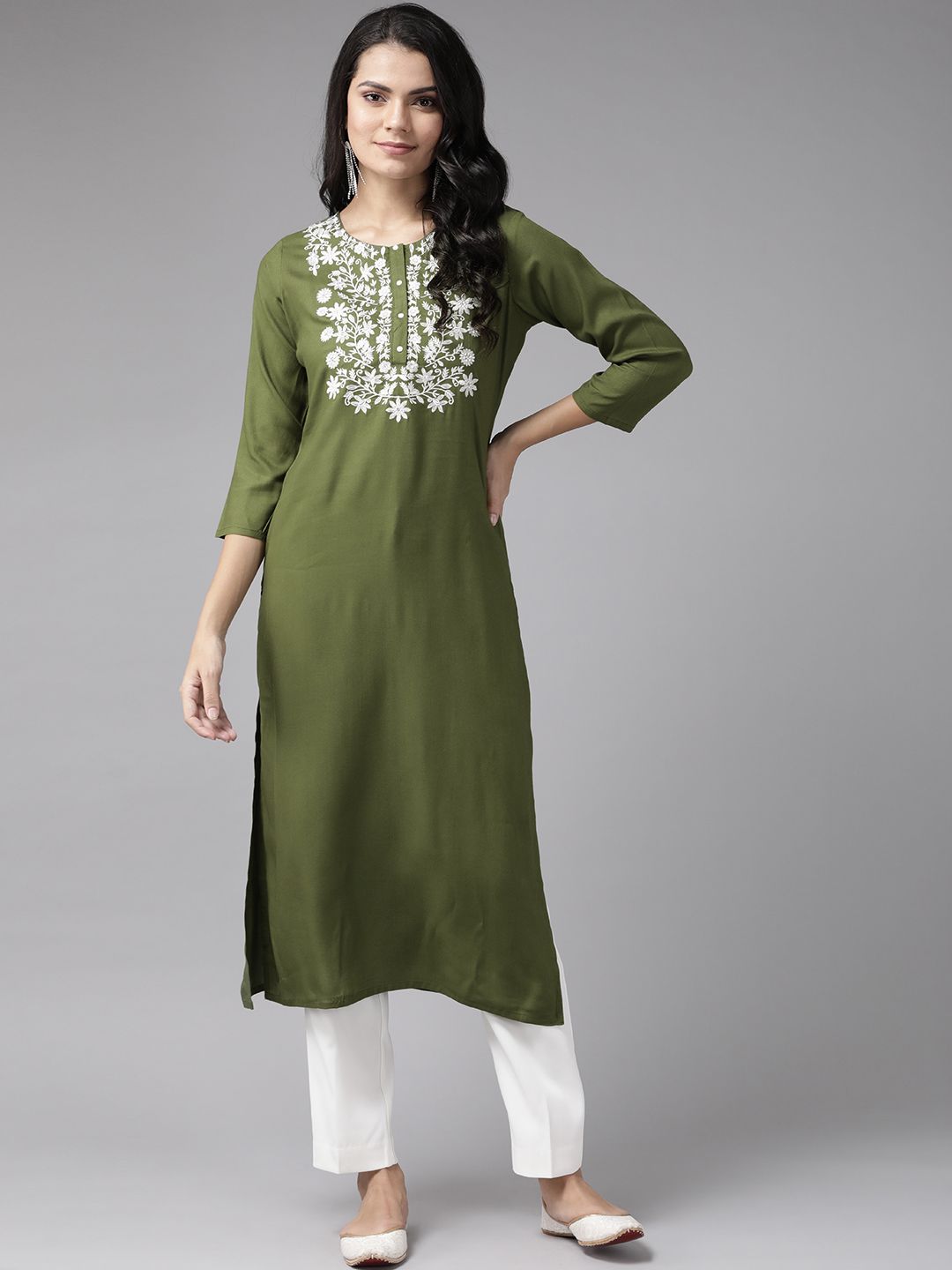 Yufta Women Green Floral Yoke Design Thread Work Kurta