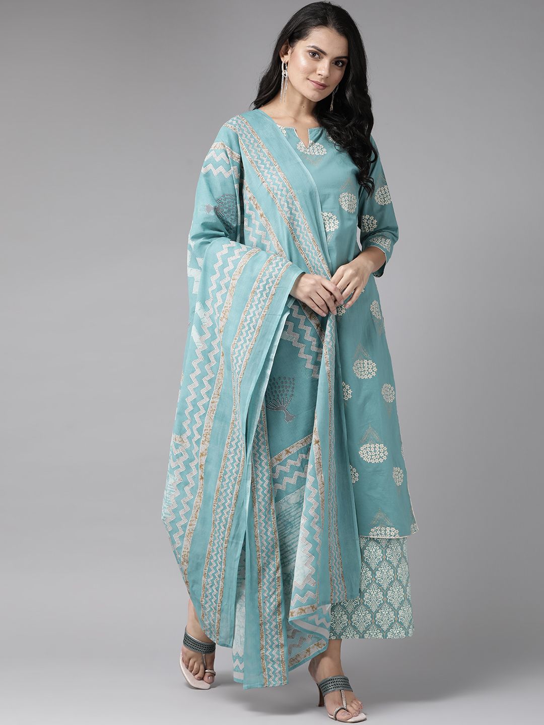 Yufta Women Blue & Off-White Printed Kurta with Palazzos & Dupatta Price in India