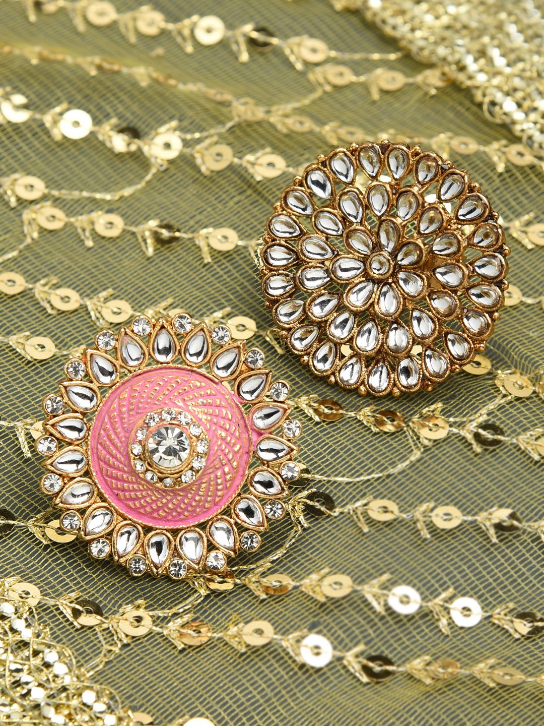 Zaveri Pearls Set Of 2 Gold-Plated Meenakari & Kundan-Studded Finger Rings Price in India