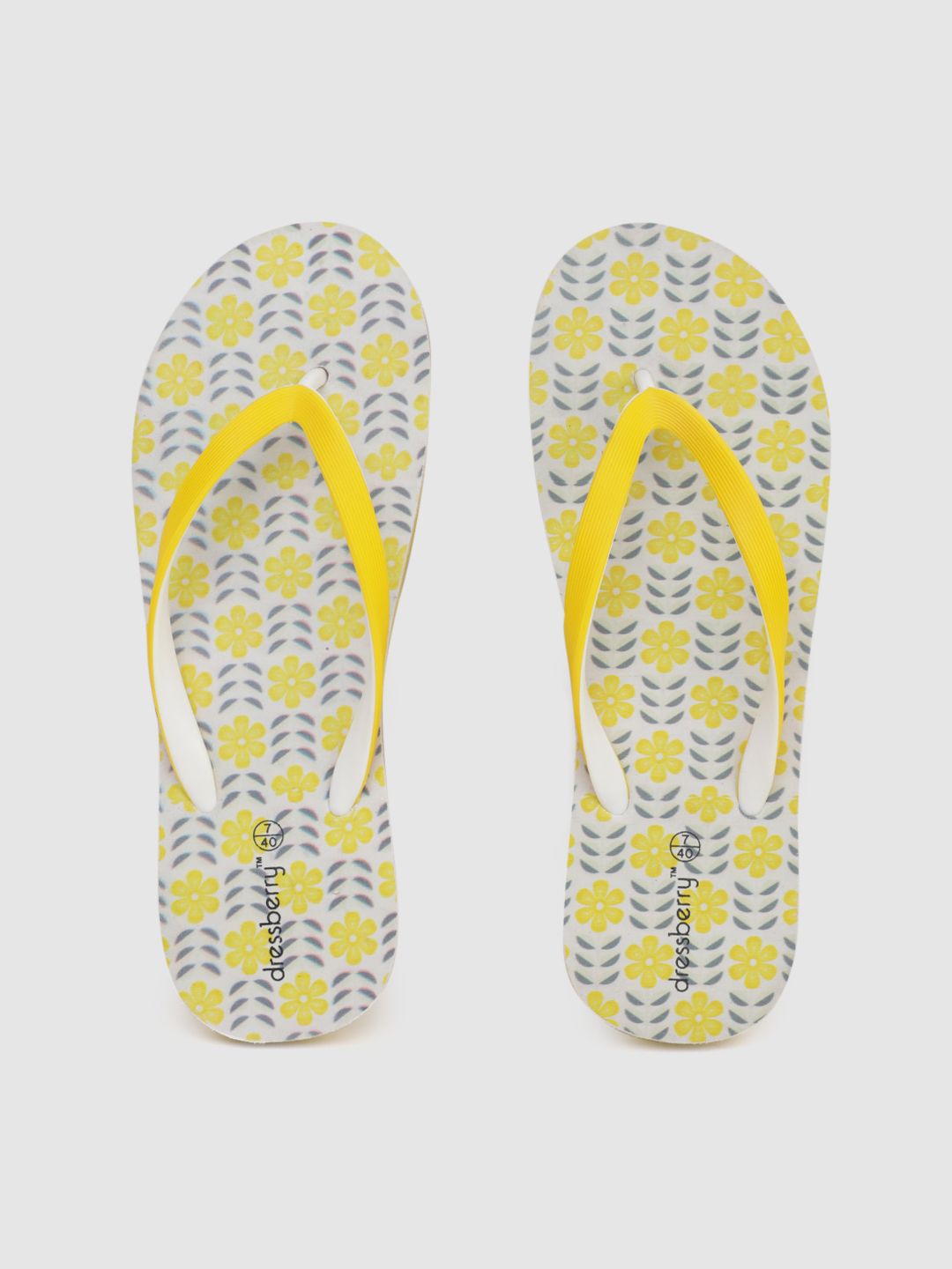 DressBerry Women Yellow & Grey Floral Printed Thong Flip-Flops Price in India