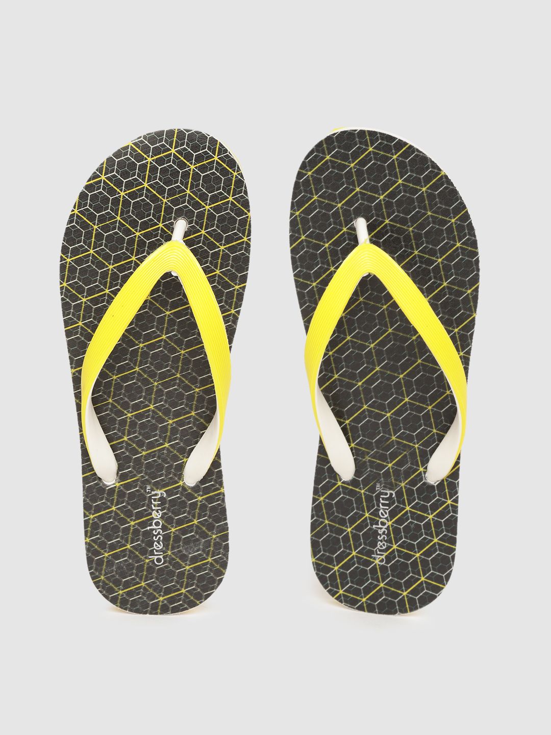 DressBerry Women Yellow & Black Geometric Print Thong Flip-Flops Price in India