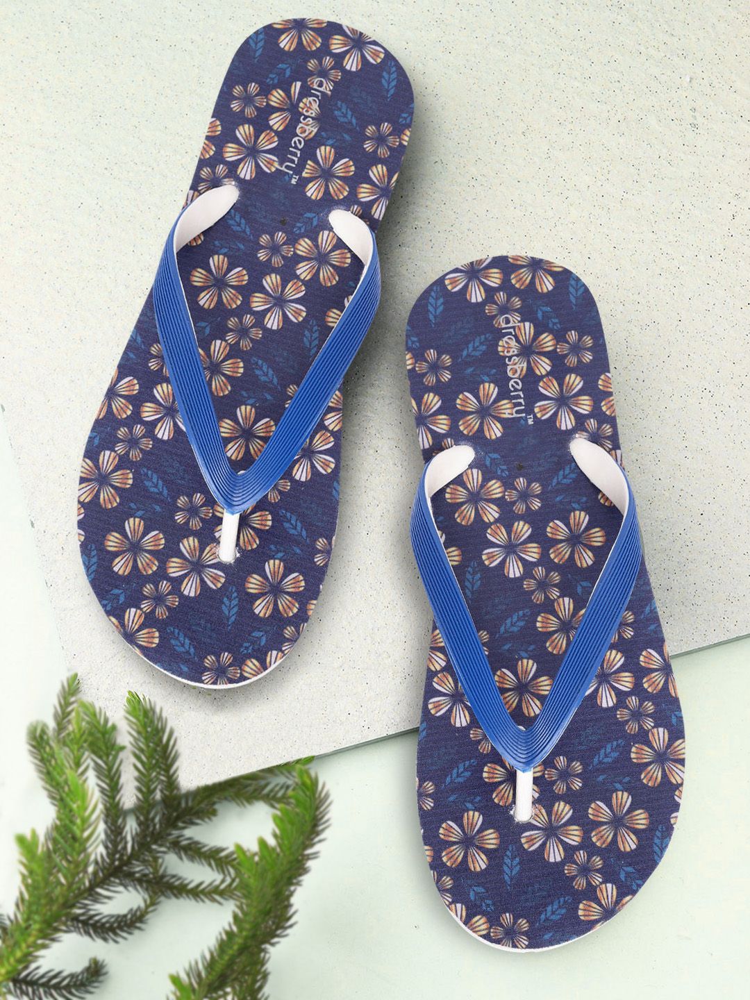 DressBerry Women Blue & Yellow Printed Thong Flip-Flops Price in India