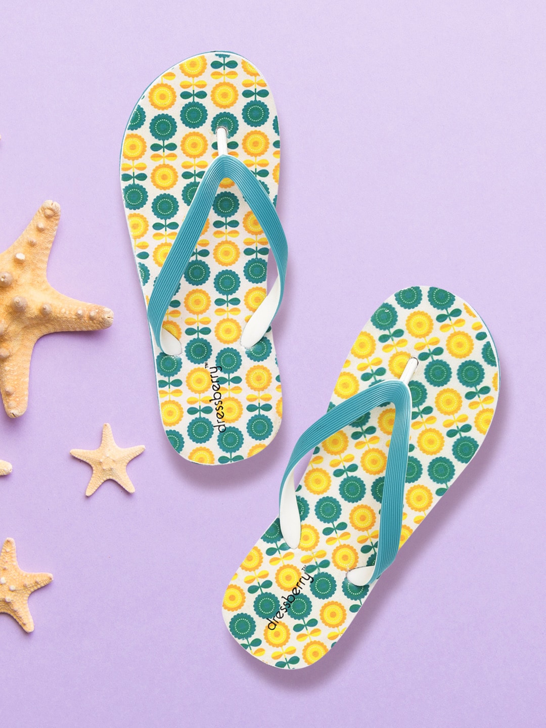 DressBerry Women Green & Yellow Printed Thong Flip-Flops Price in India