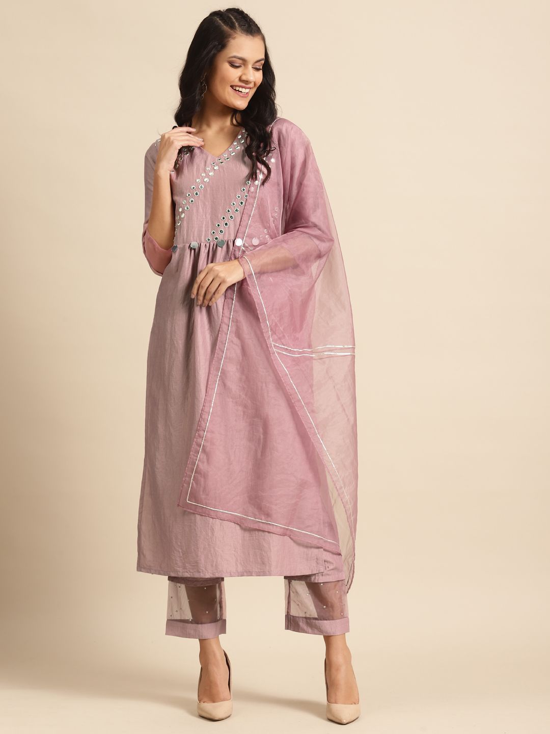 Varanga Women Mauve & Silver Embroidered Mirror Work Kurta with Trousers & Dupatta Price in India