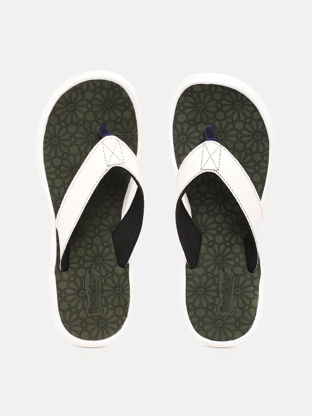 Roadster Women White & Olive Green Textured Thong Flip-Flops Price in India