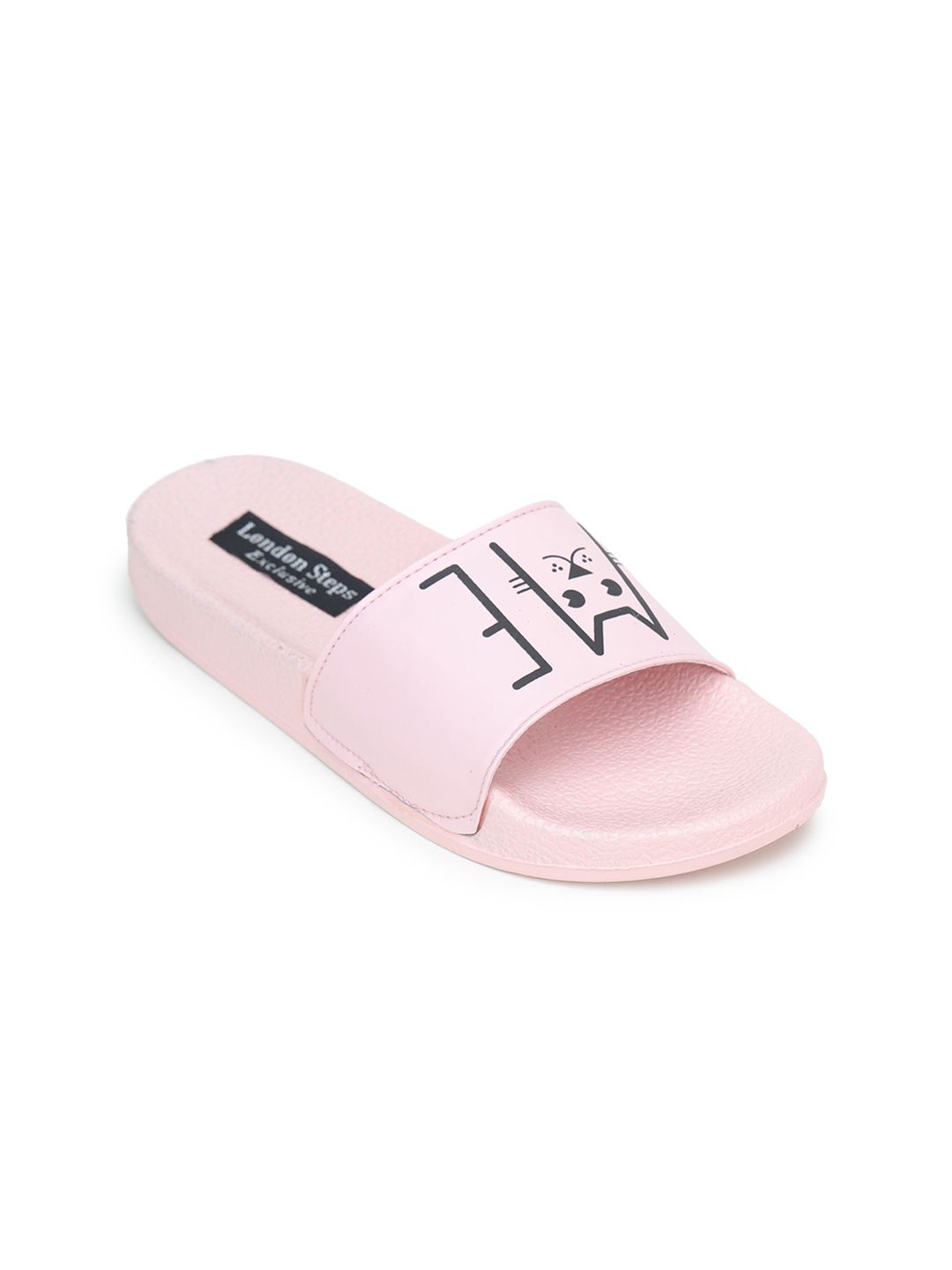 LONDON STEPS Women Pink & Black Printed Sliders Price in India