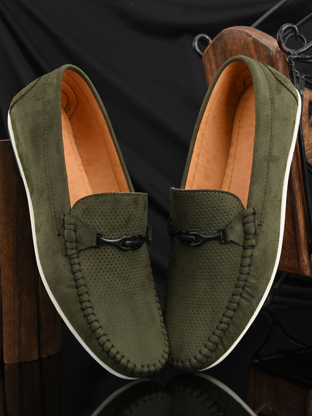 Mactree Men Green Perforations Suede Loafers