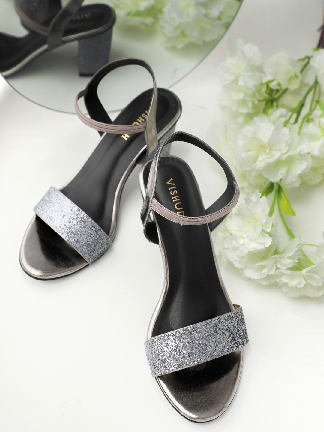 Vishudh Women Grey Embellished Sandals