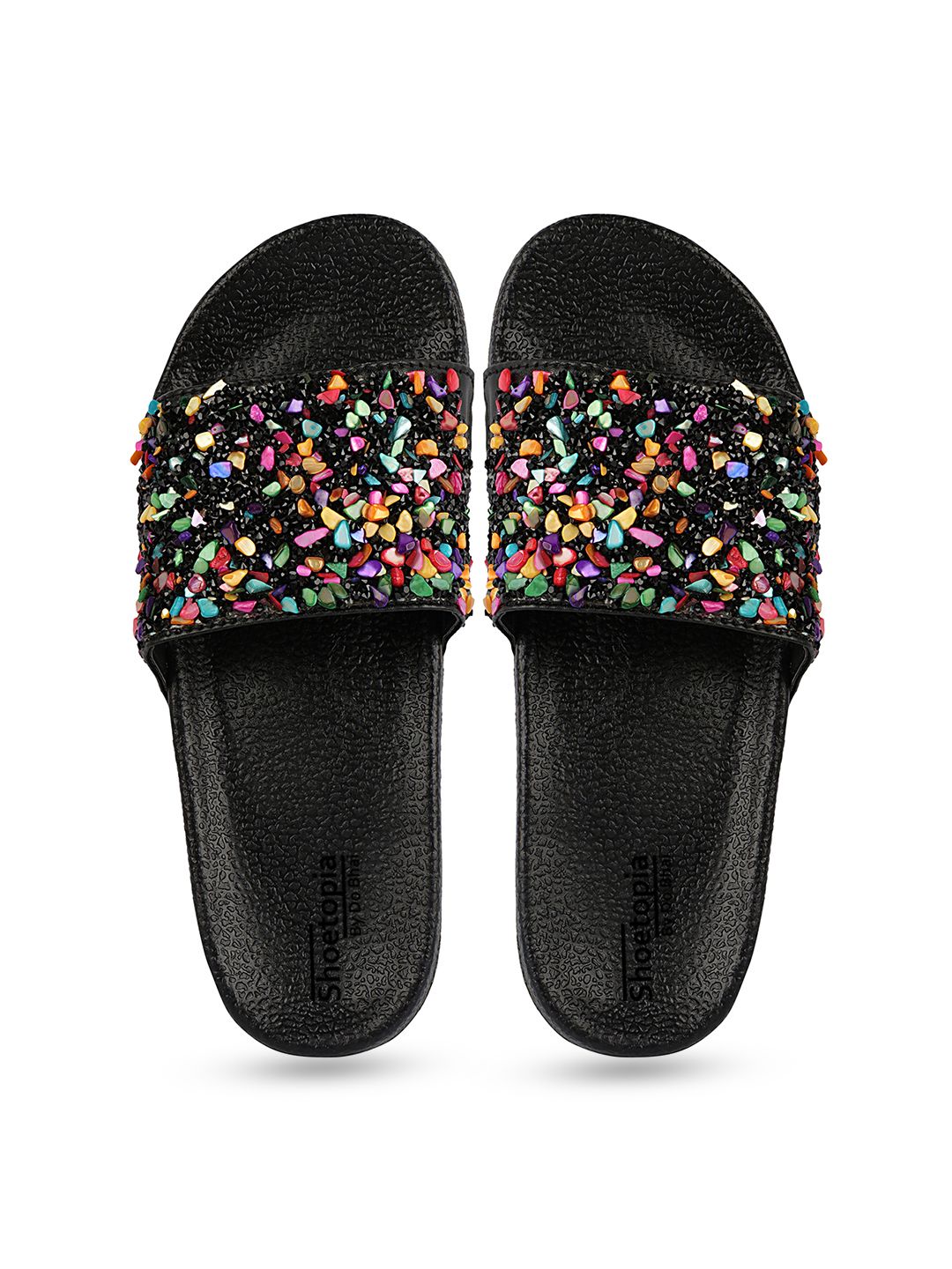 Shoetopia Women Black Embellished Sliders Price in India