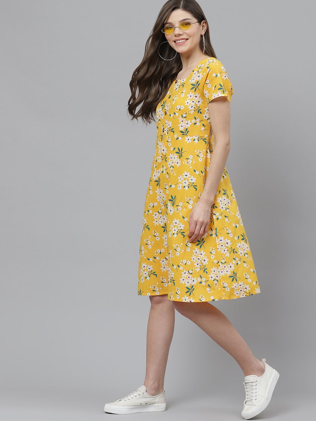 HERE&NOW Women Yellow & White Printed Pure Cotton A-Line Dress Price in India