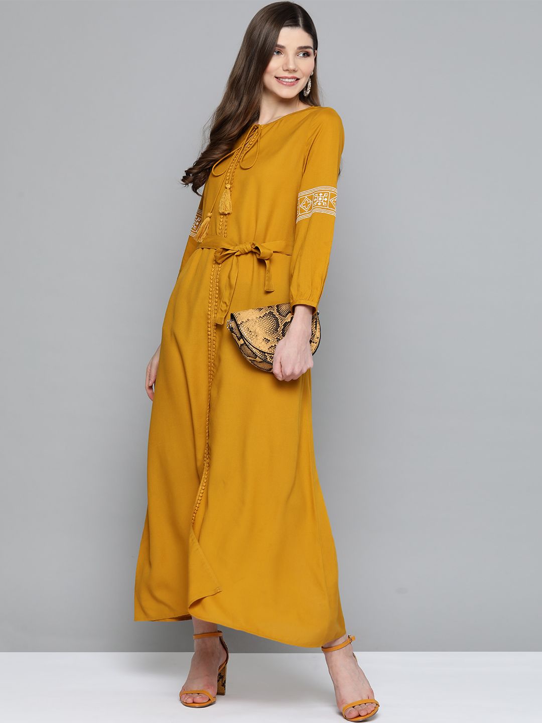 HERE&NOW Women Mustard Solid Maxi Dress Price in India