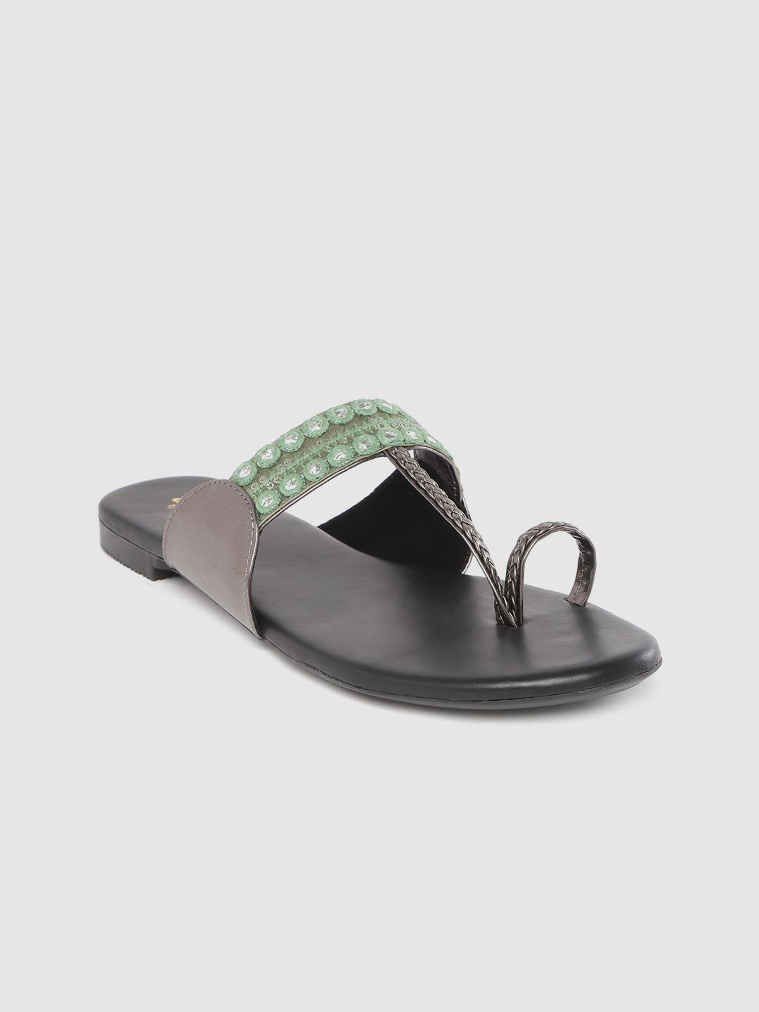 Anouk Women Green & Gunmetal-Toned Patterned Ethnic One Toe Flats with Mirror Work Price in India