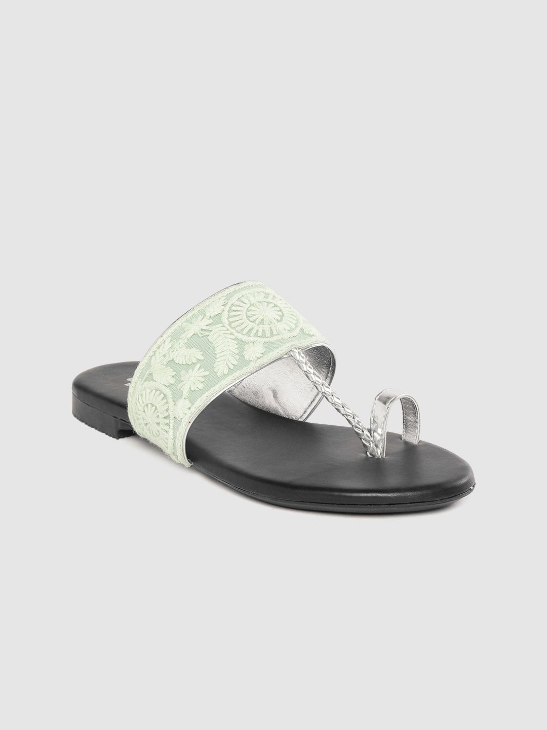 Anouk Women Mint Green & Silver-Toned Embroidery One-Toe Ethnic T-Strap Flats Price in India