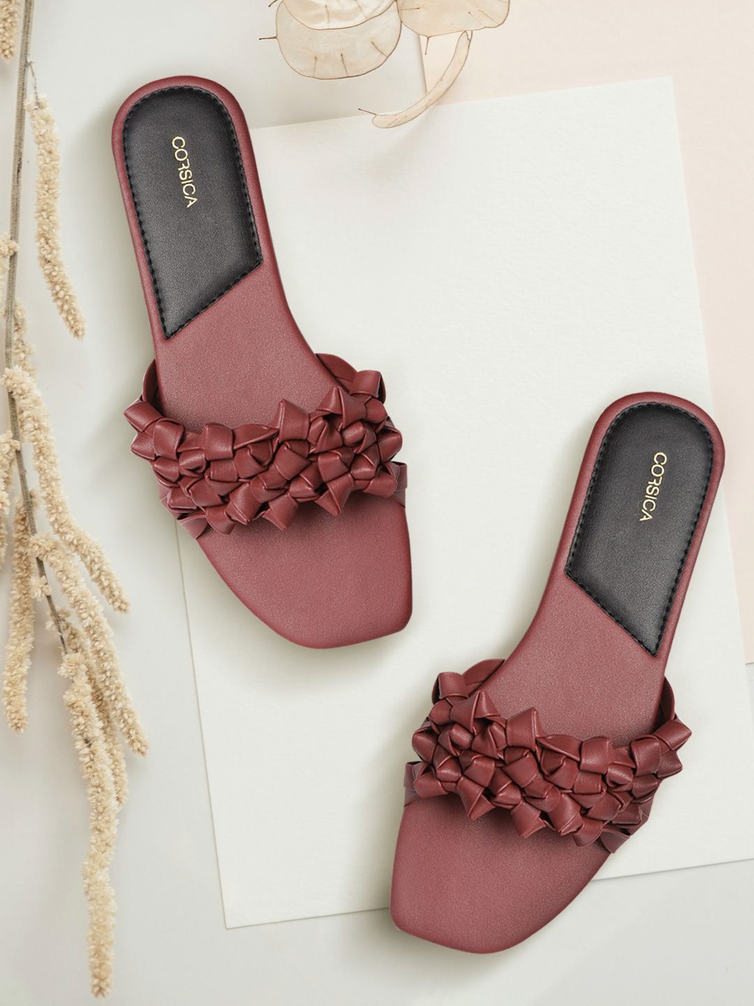 CORSICA Women Maroon Knot Detail Open Toe Flats Price in India