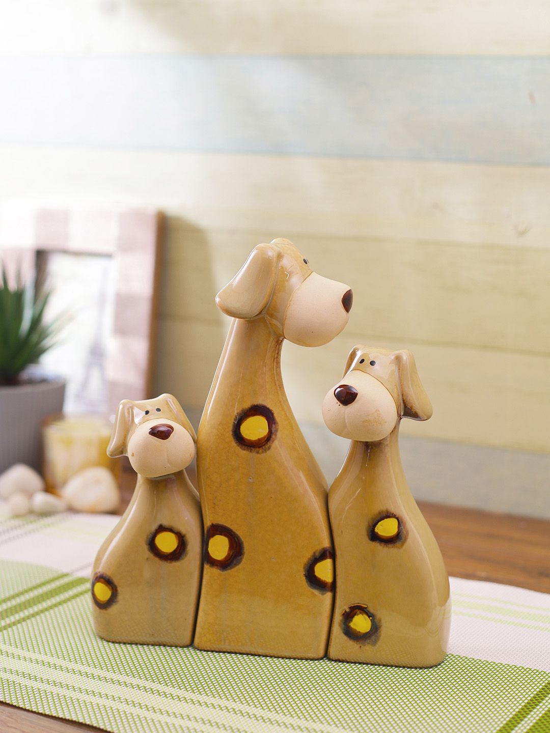 TAYHAA Set Of 3 Cream-Colour & Yellow Ceramic Cute Dogs Showpieces Price in India