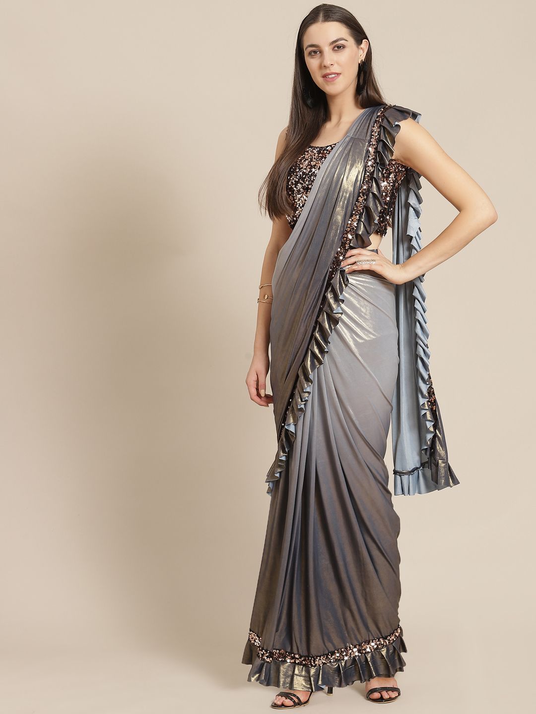 Mitera Grey Dual Tone Effect Ready To Wear Ruffle Saree Price in India