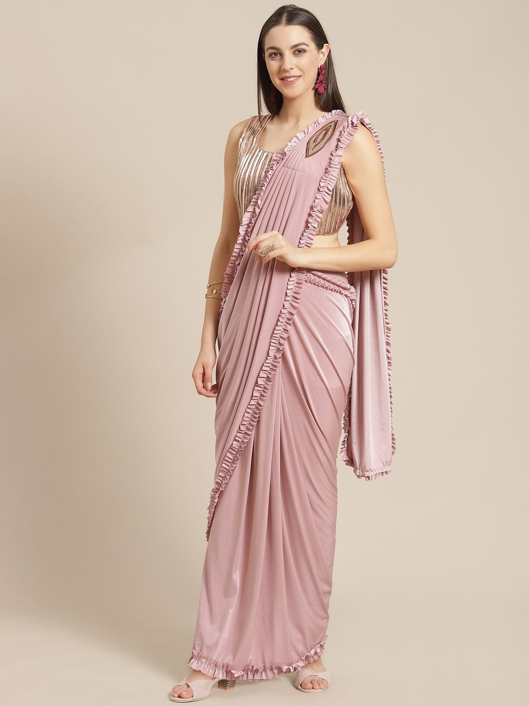 Mitera Pink Solid Ready To Wear Ruffle Saree Price in India