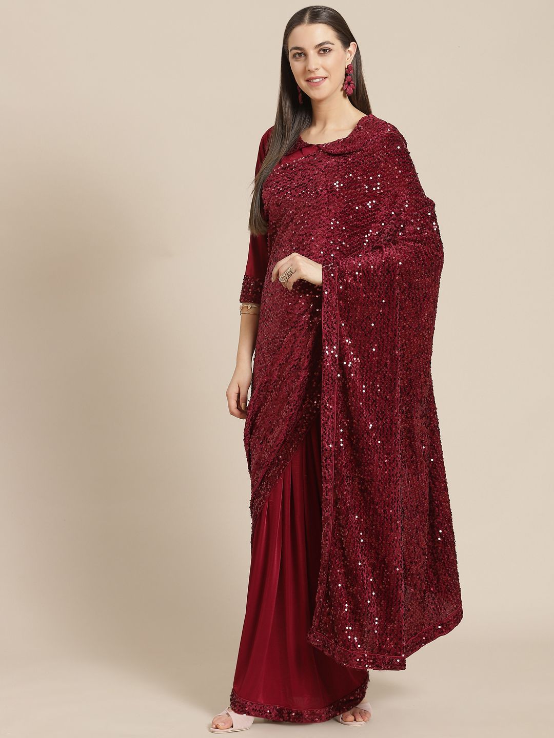 Mitera Maroon Sequinned Half n Half Ready To Wear Saree Price in India