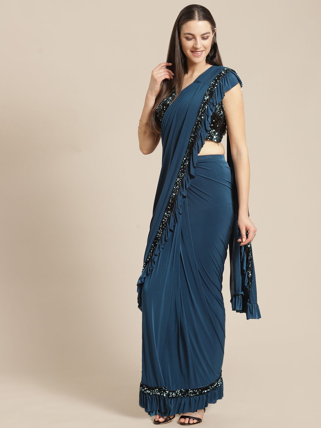 Mitera Teal Blue Solid Ready To Wear Ruffle Saree Price in India