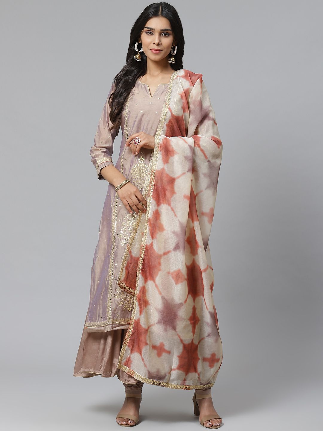 Biba Women Brown Embroidered Layered Kurta with Churidar & Dupatta