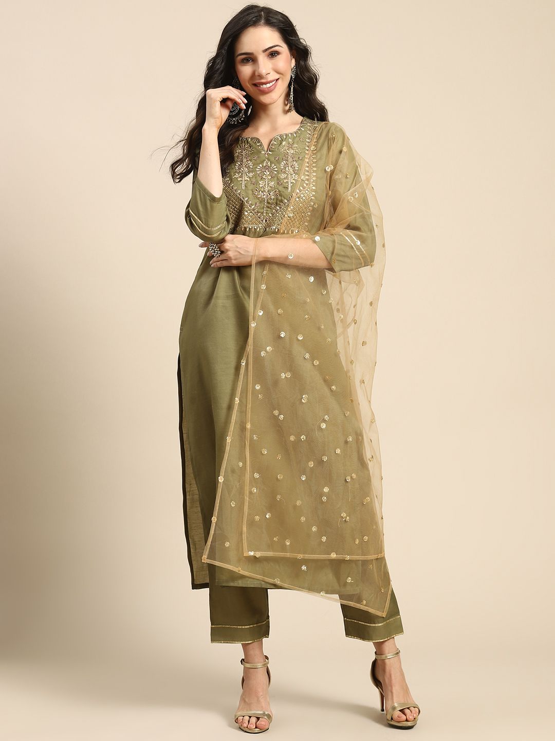 Varanga Women Olive Green & Golden Embroidered Kurta with Trousers & Dupatta Price in India