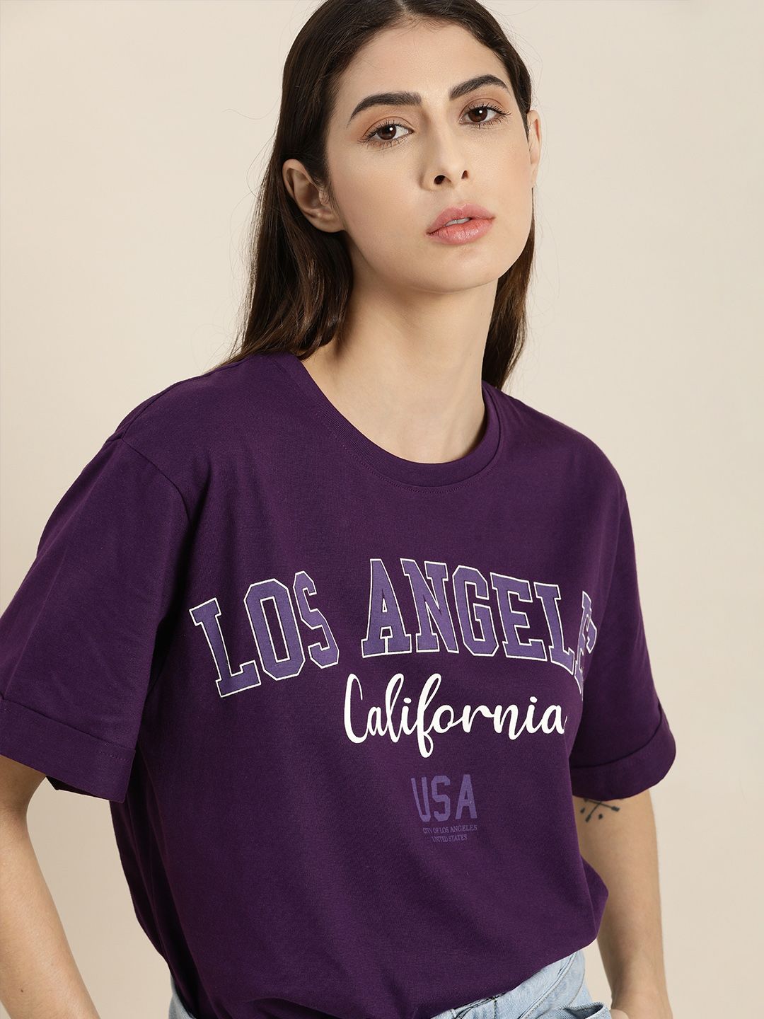 DILLINGER Women Purple Typography Printed Drop-Shoulder Sleeves Oversized Pure Cotton T-shirt Price in India