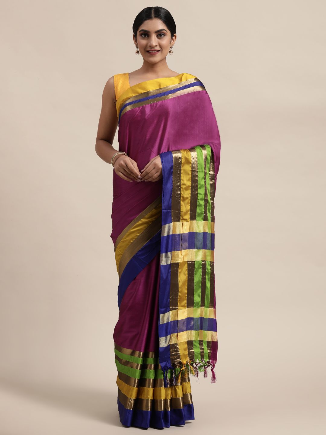 Mitera Magenta Pink & Green Art Silk Solid Kanjeevaram Saree