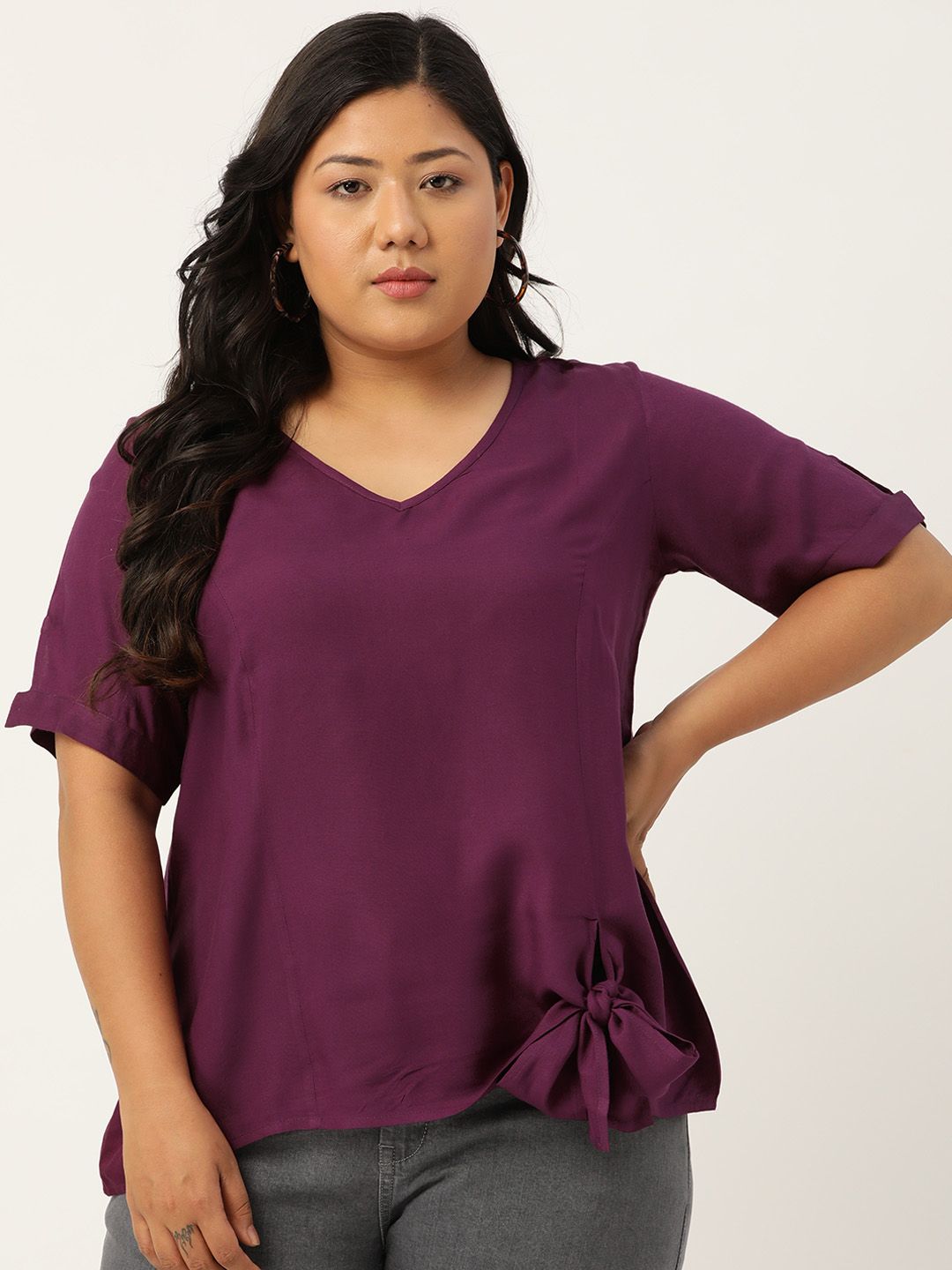 Revolution Women Plus Size Burgundy Solid Regular Top