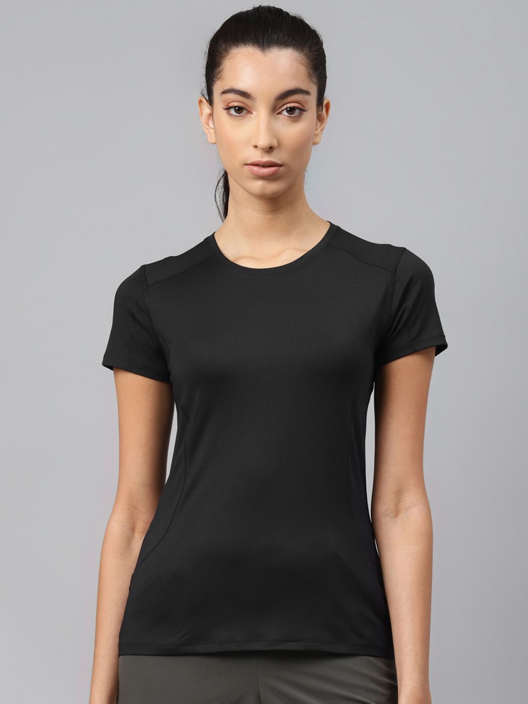 Marks & Spencer Women Black Solid Round Neck Sports T-shirt Price in India