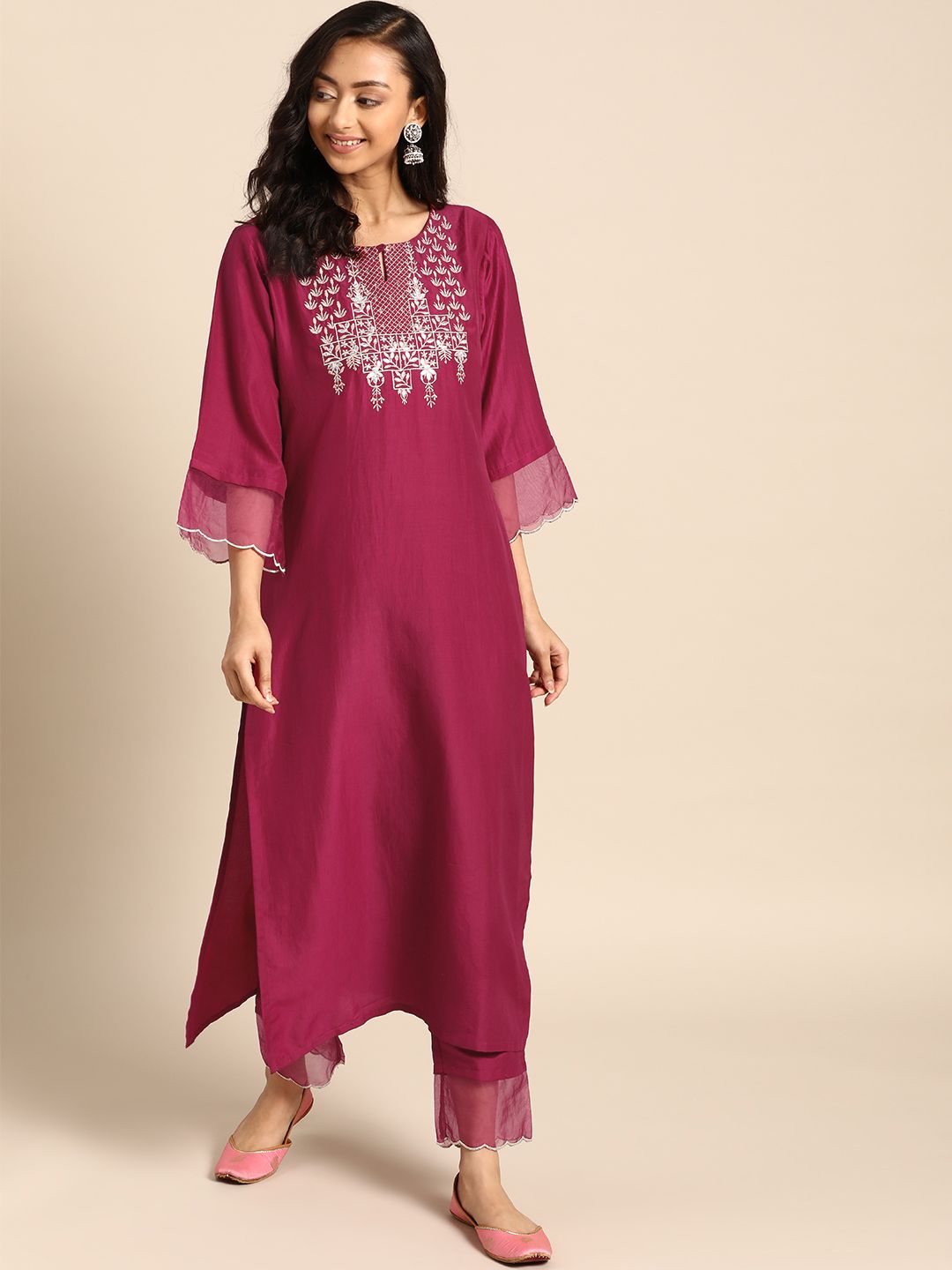 Varanga Women Magenta & Golden Yoke Design Kurta with Trousers Price in India