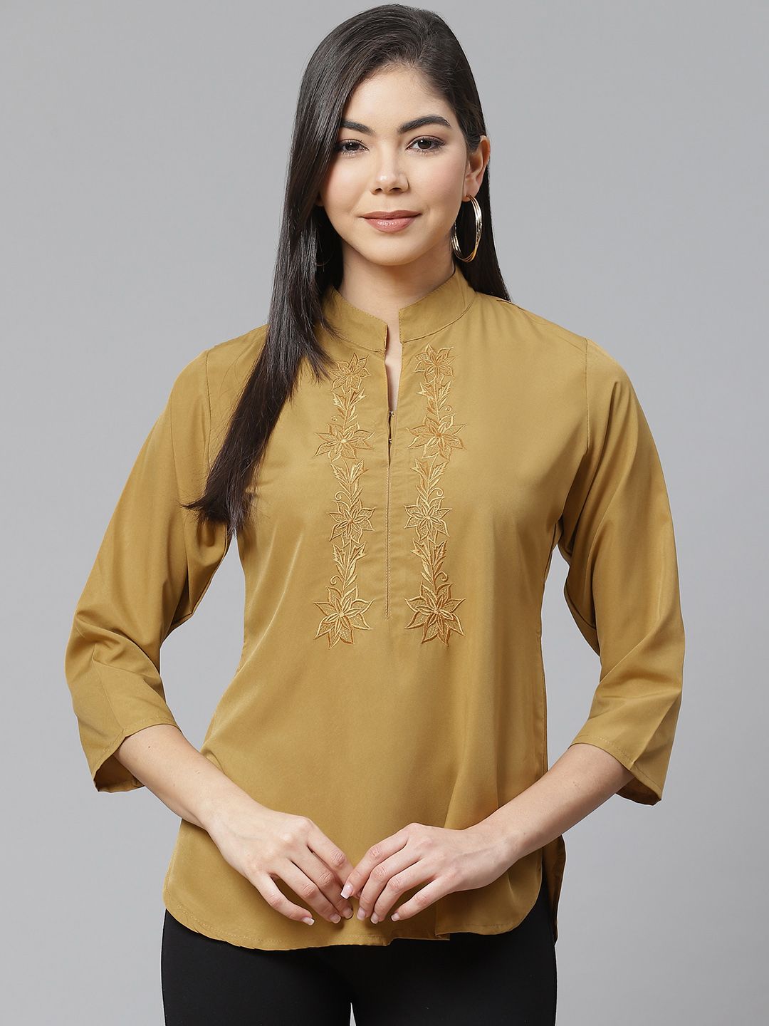 Ives Women Brown Floral Mandarin Collar Regular Top
