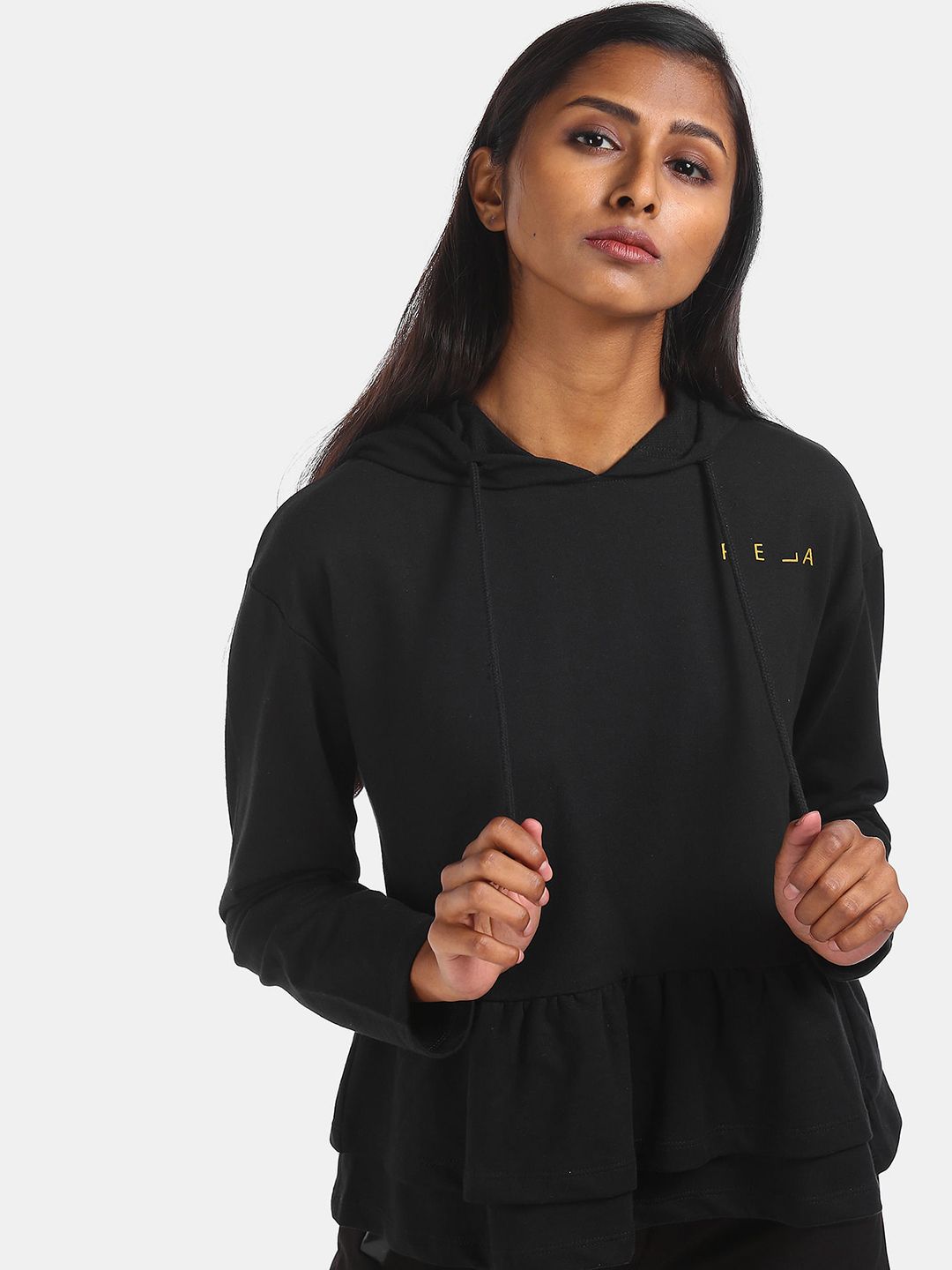 Sugr Women Black Solid Peplum Hem Hooded Sweatshirt Price in India