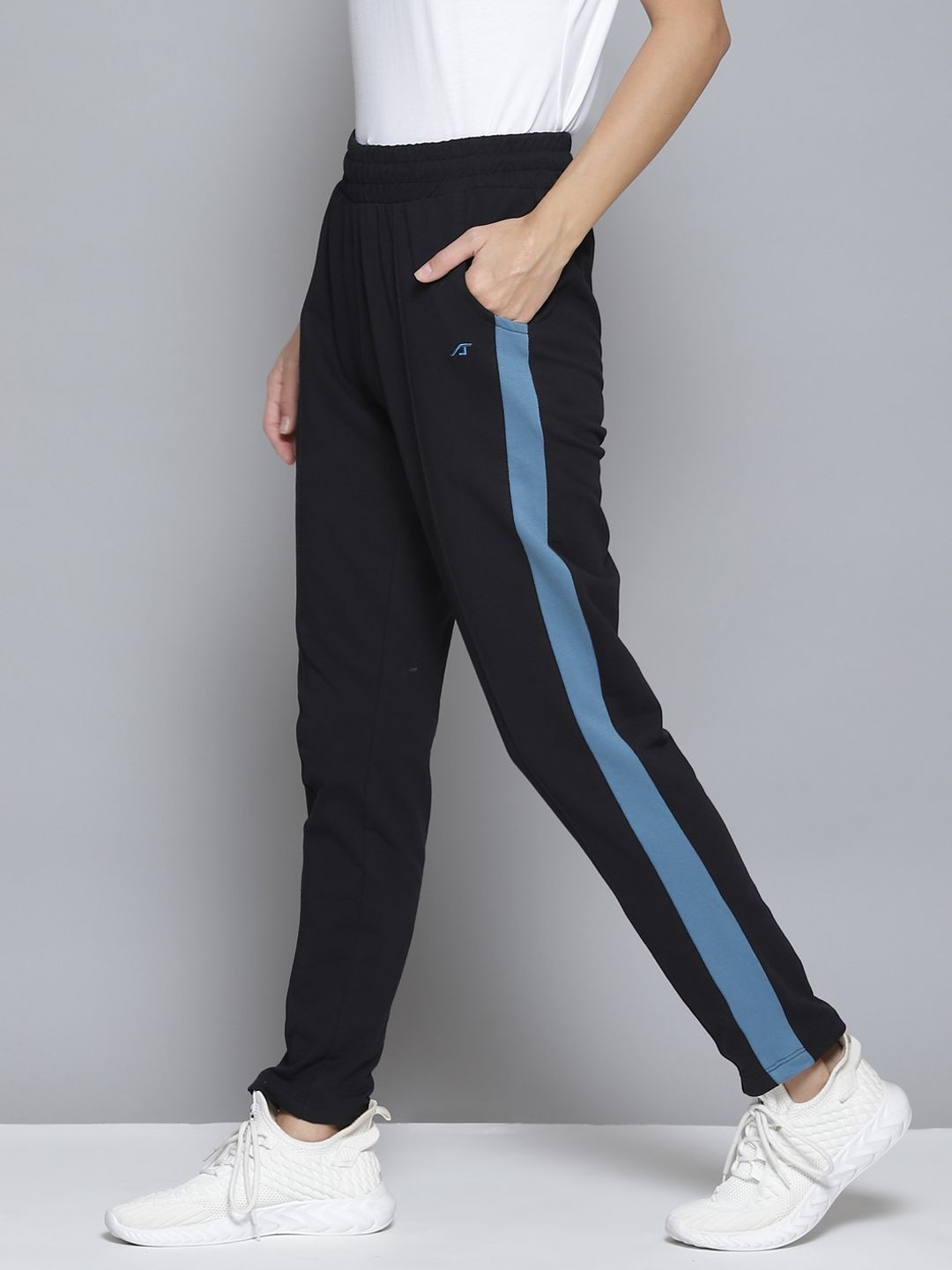 Alcis Women Black & Blue Striped Slim-Fit Track Pants Price in India