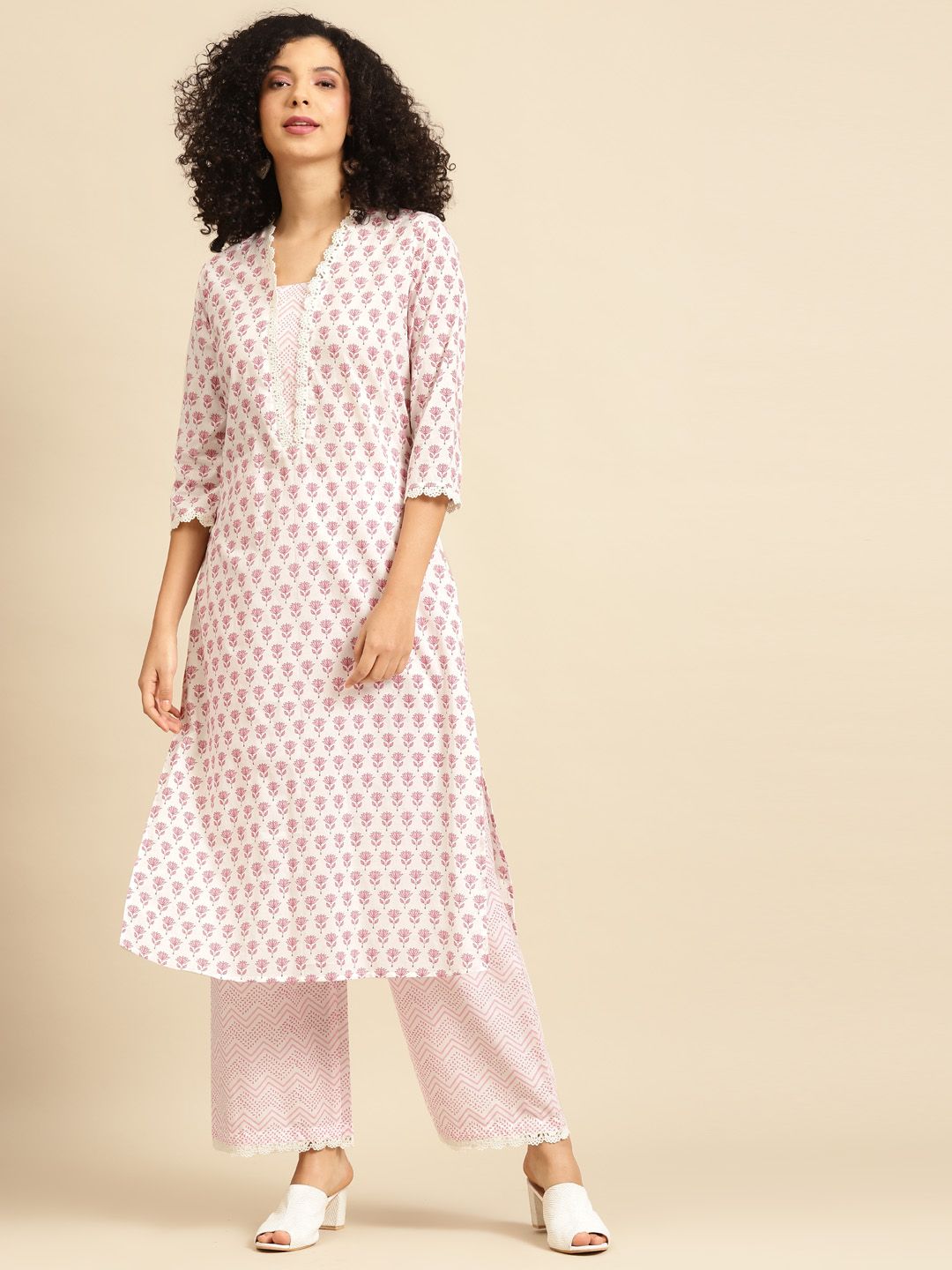 anayna Women White & Pink Printed Kurta with Palazzos Price in India