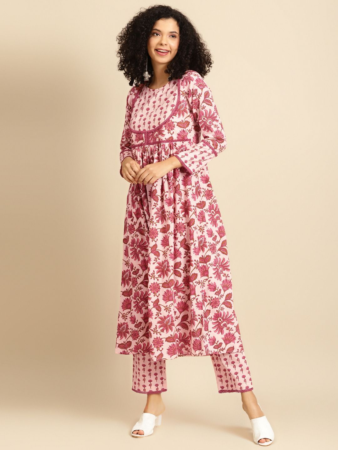 anayna Women Pink Printed Kurta with Trousers Price in India