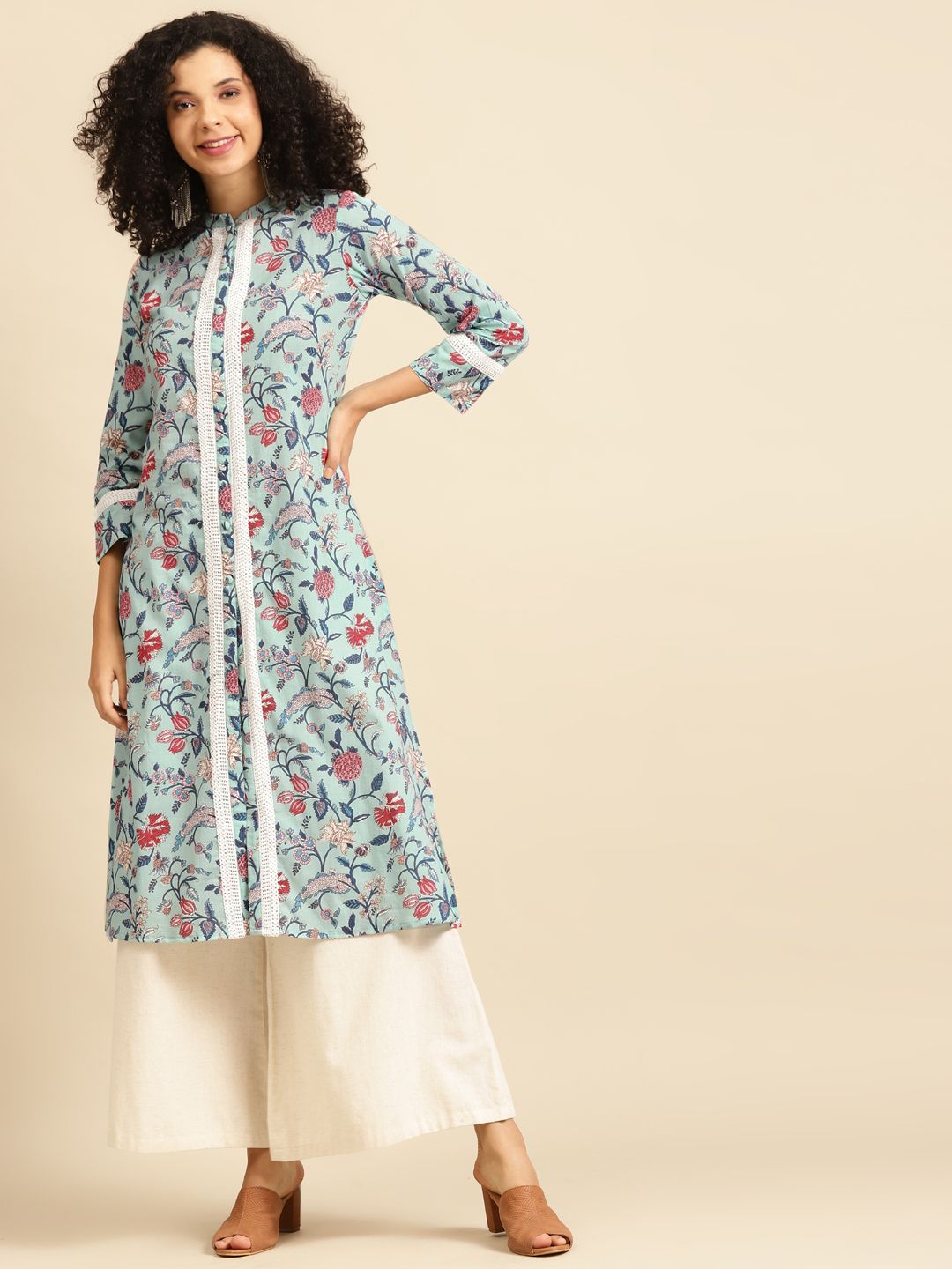 anayna Women Blue & Off White Ethnic Floral Screen Print Cotton Kurta Price in India