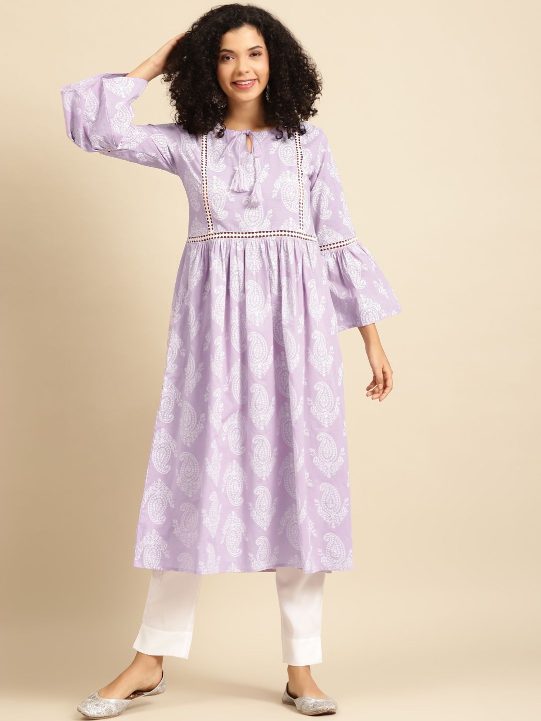 anayna Women Lavender & White Paisley Screen Print Bell Sleeves Cotton Pastels Kurta Price in India