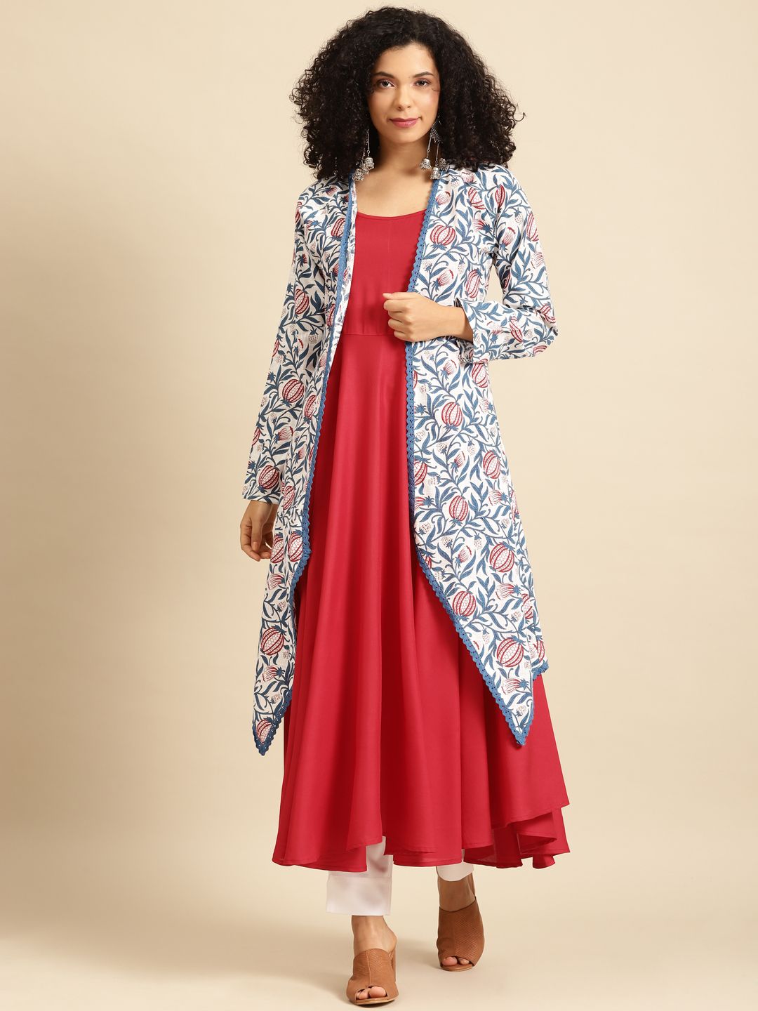 anayna Women Blue & Red Solid Anarkali Kurta with Floral Screen Print Longline Jacket Price in India