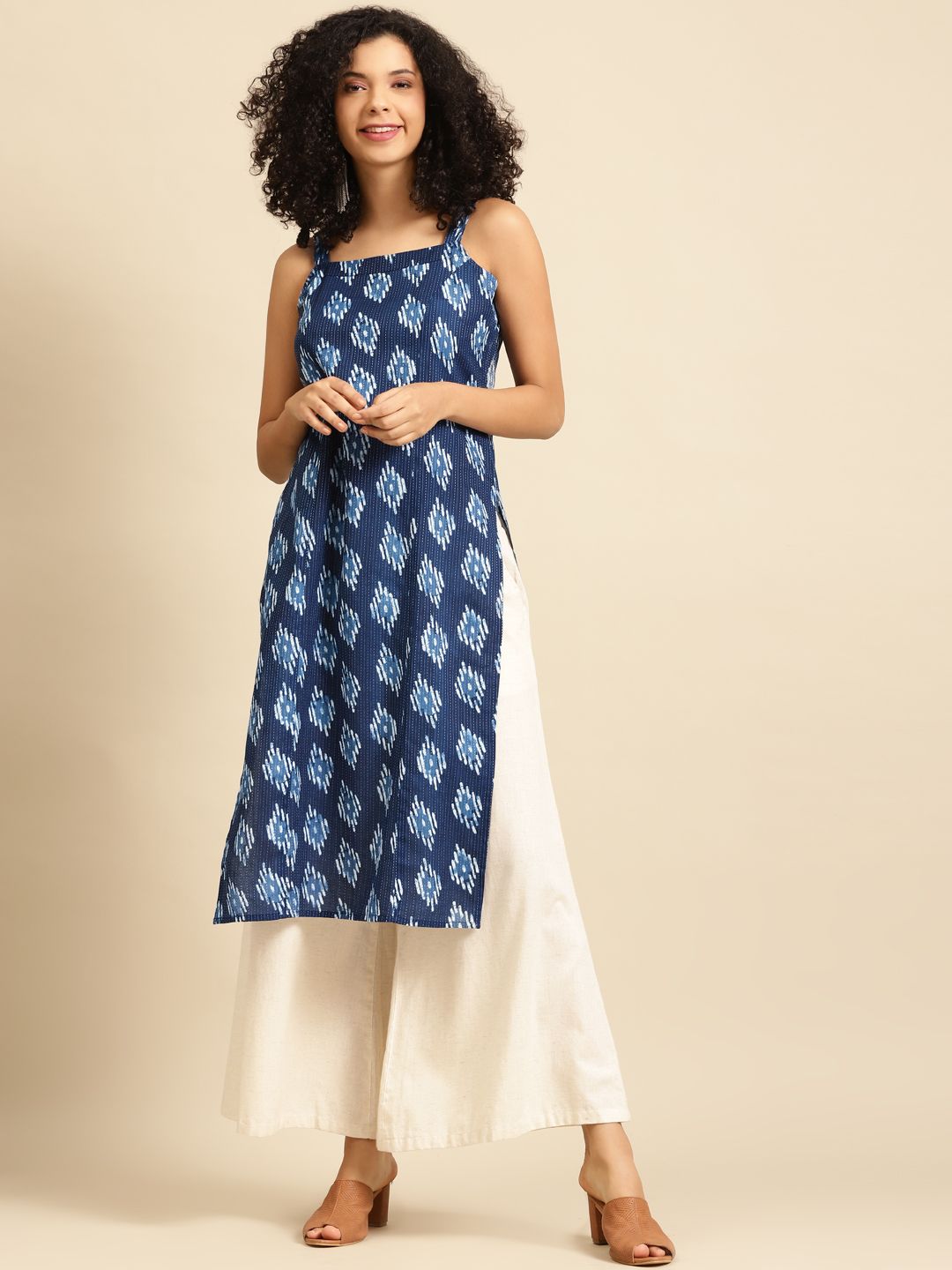 anayna Women Blue & White Geometric Screen Print Cotton Fusion Kurta Price in India
