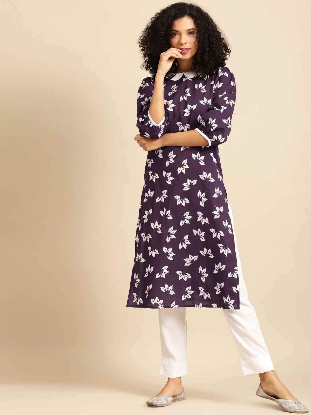 anayna Women Aubergine & White Floral Screen Print Peter-Pan Collar Cotton Fusion Kurta Price in India